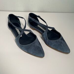 Manolo Blahnik Blue Suede Strappy Ballerina Flats